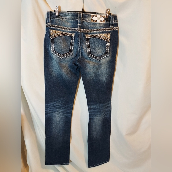 Miss Me Denim - Miss Me Dark Blue Signature Straight Jeans with Embellished Pockets -27x33